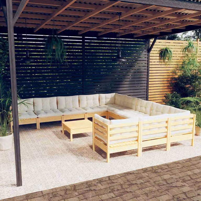 Set di divani da giardino vidaXL a forma di U composto da 12 pezzi in legno massello di pino con cuscini beige