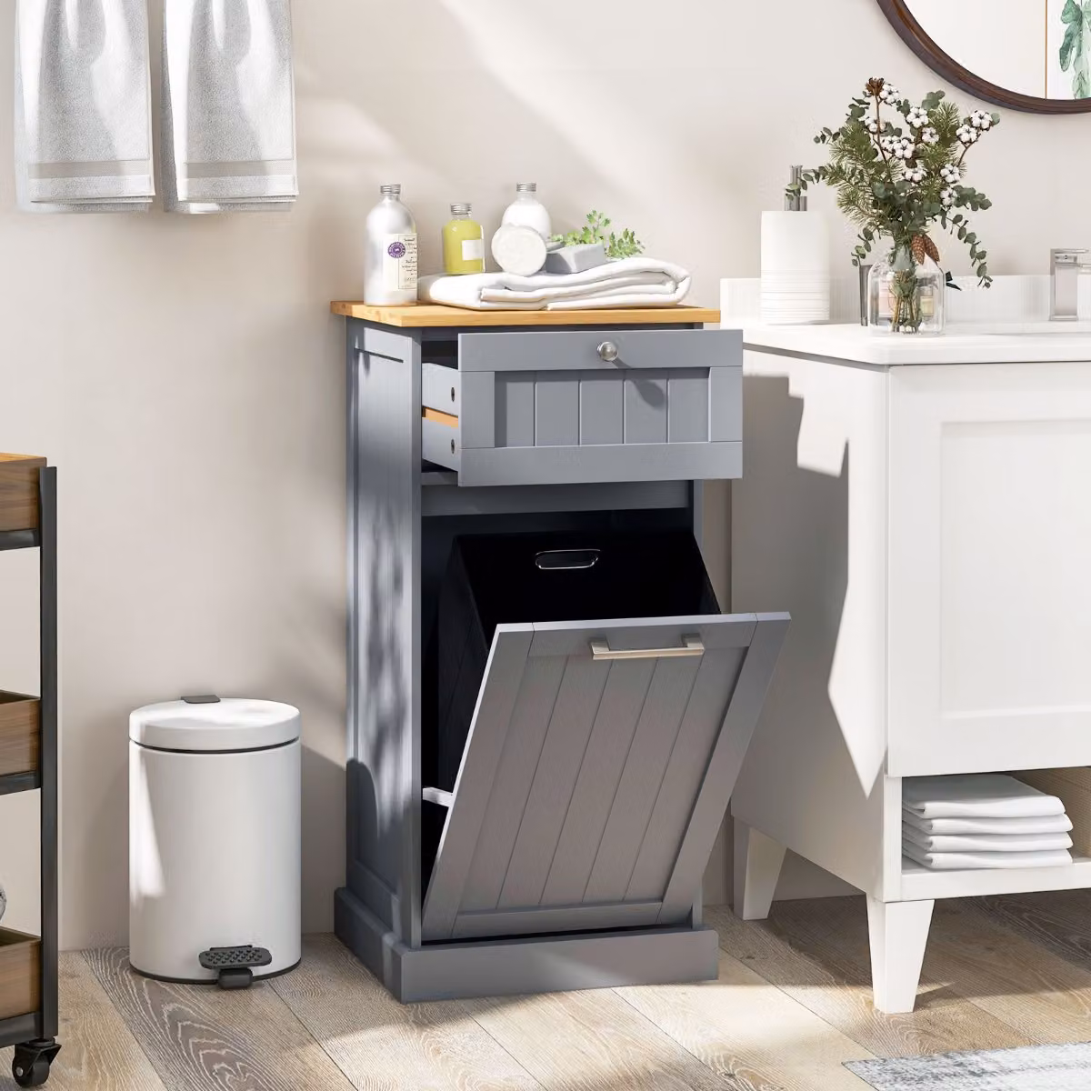 Mobiletto per lavanderia Costway con cesto per biancheria a ribalta e cassetto, Grigio, L: 40 cm, P: 37 cm, H: 82 cm