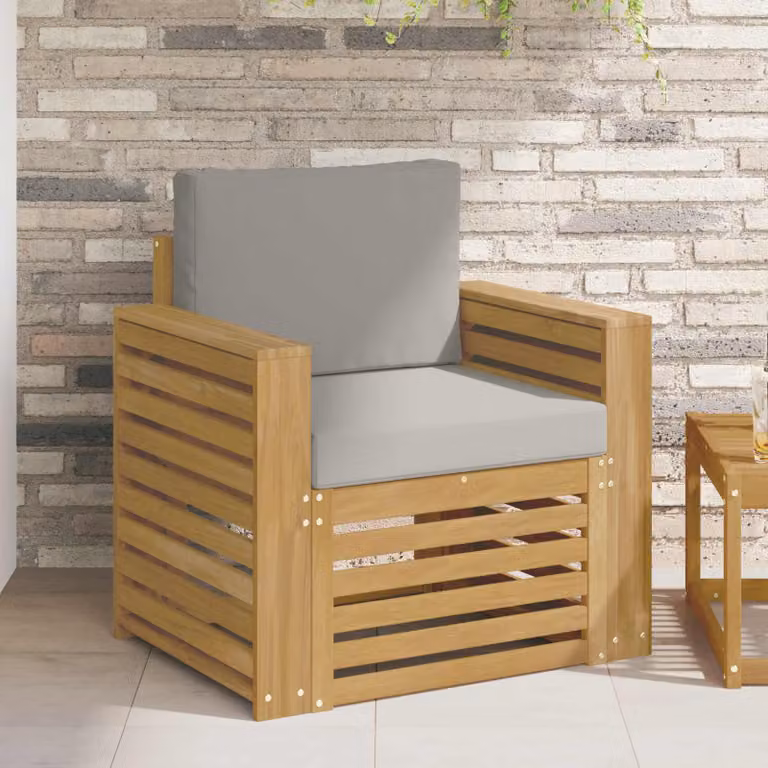 Set di divani da esterno moderno vidaXL in legno di acacia con cuscini bianchi e grigi e tessuto resistente ai raggi UV