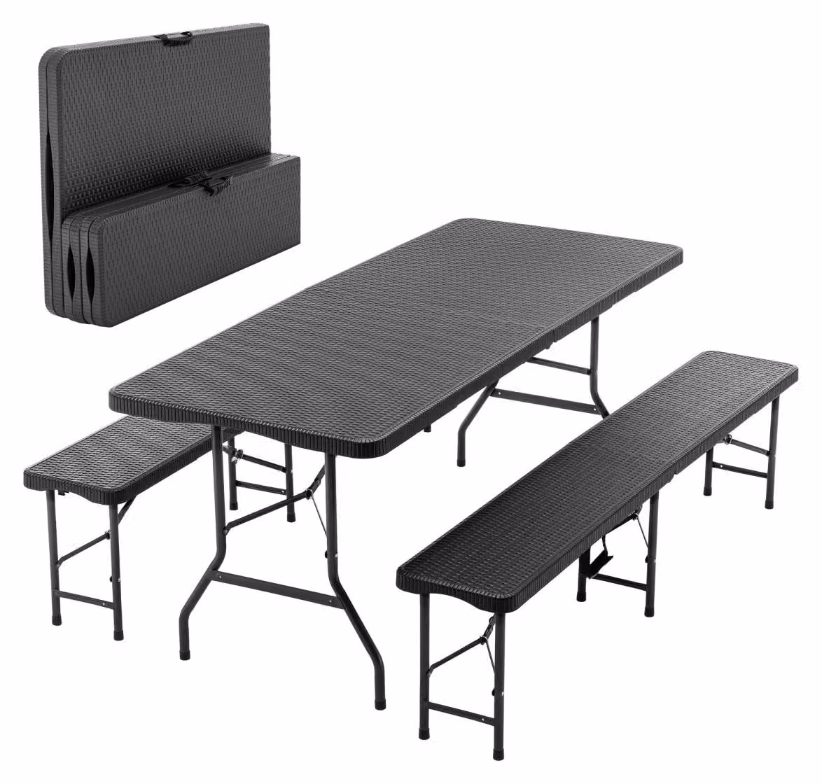 Tavolo pieghevole da picnic con 2 panche, set da campeggio composto da 3 elementi, materiale HDPE, colore nero, dimensioni 180x74x43 cm