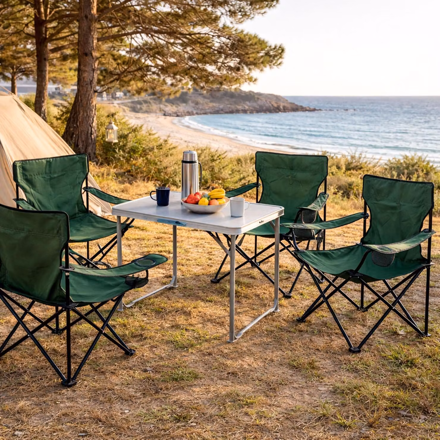 Set di mobili da campeggio 5 pezzi Tavolo verde XL 80x60x68 cm + sedie da campeggio