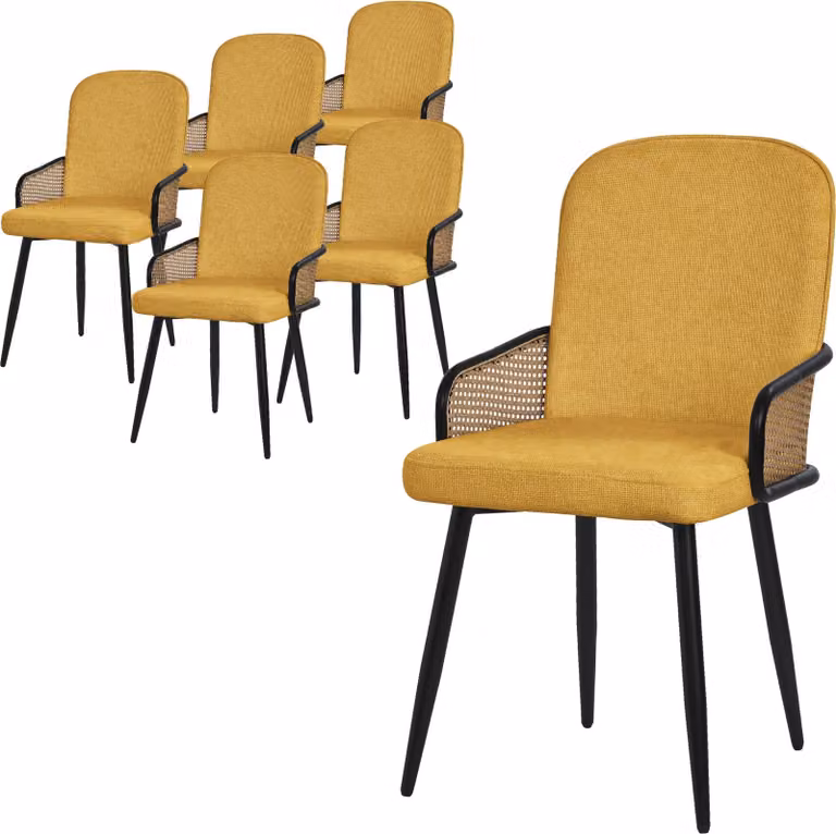 ML-Design set di 6 sedie da pranzo in tessuto senape sedia da cucina con braccioli in rattan sedie imbottite con gambe in metallo poltrona ergonomica