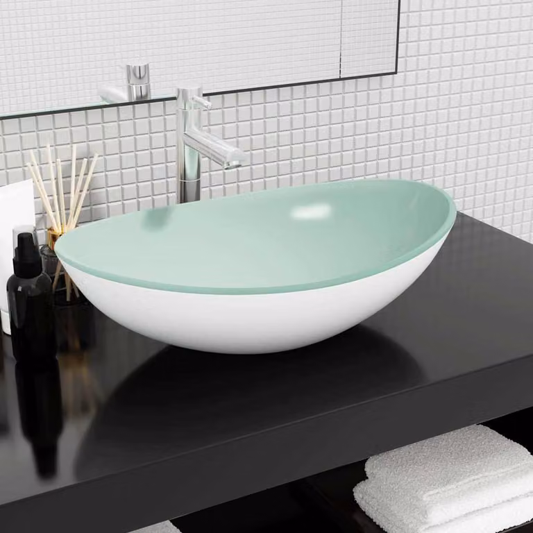 Lavandino da appoggio ovale in vetro temperato vidaXL Bianco L: 54,5 cm, P: 35 cm, H: 15,5 cm