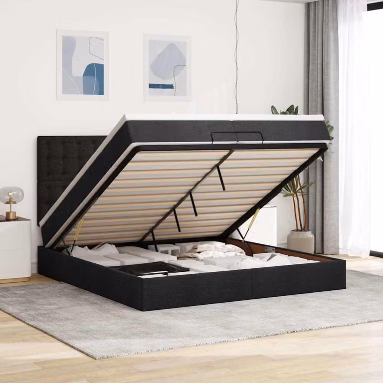 Letto matrimoniale con contenitore a sollevamento vidaXL in tessuto nero con porta USB e illuminazione sottostante L: 200 cm, P: 200 cm, H: 28 cm