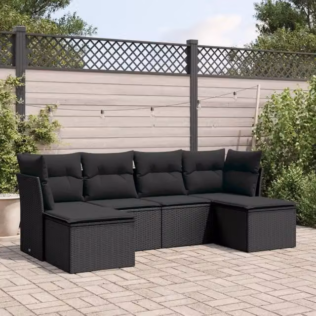 Set Divano da Giardino a L VIDAXL in Polyrattan Nero con Cuscini, 6 Posti