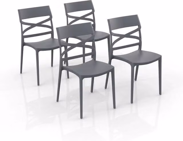Set 4 sedie in polipropilene FLOW, 100% MADE IN ITALY, impilabile, resistente ai raggi UV, design moderno, ideale per sala da pranzo, cucina, bar, ristoranti o giardino, colore Grigio Metal