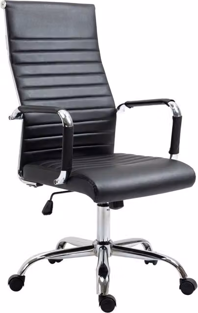 Sedia da Ufficio Girevole Minimal con Schienale Alto e Braccioli, Nero, in Ecopelle e Metallo, Altezza Regolabile