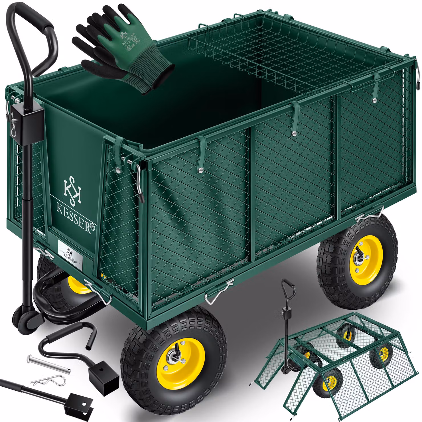 Carrello da giardino KESSER® con portata di 550 kg, carrello da trasporto, carrello da giardino con telone rimovibile, carrello porta-attrezzi, carrello a mano, versatile, guanti inclusi