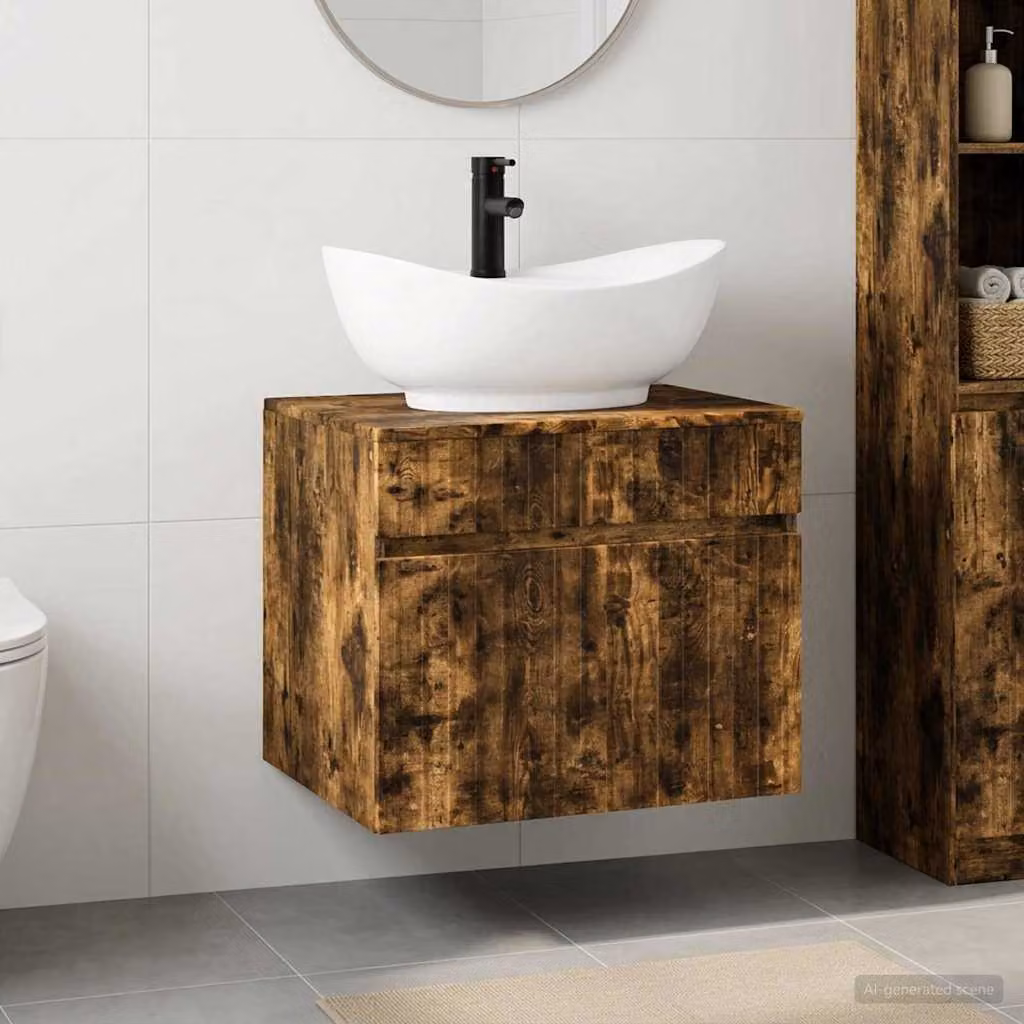 Set di mobili per il bagno vidaXL in legno MDF Rovere Fumo marrone, sospeso, design minimalista con ante e cassetti L/P/H: 59,0 x 44,5 x 50,0 cm