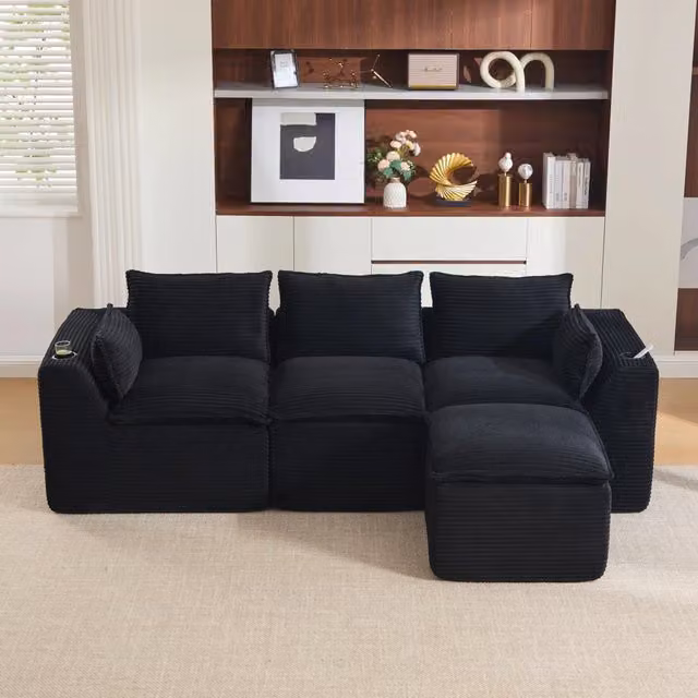 Divano modulare 3 posti con pouf; rivestimento in velluto a coste nero; 256x161x75 cm