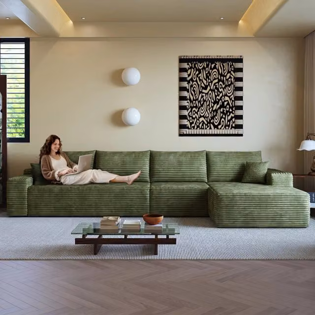 Divano angolare modulare verde con chaise longue a forma di L, 340x175x83 cm, velluto a coste, 4 posti