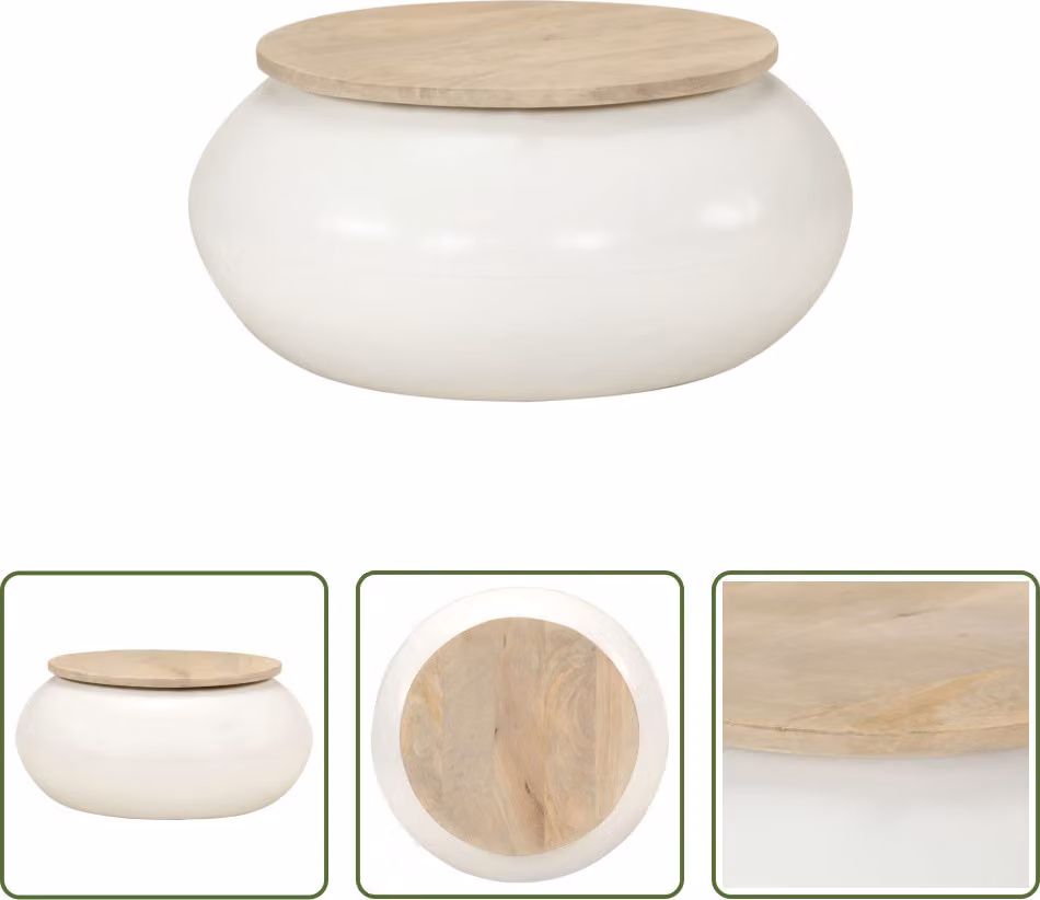 The Living Store tavolino bianco 51x51x27 cm in legno massiccio di mango