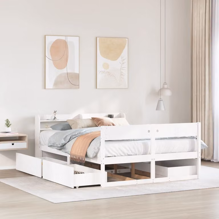 Letto in legno di pino massello bianco con cassetti stile rustico 150x200 cm