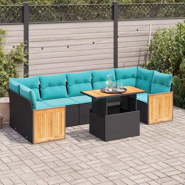 Set Divani Giardino 10pz con Cuscini Nero in Polyrattan Acacia 3327683