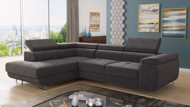 Divano angolare Caris con funzione letto e poggiatesta regolabili, salotto componibile, divano letto, contenitore, divano, divano (grigio (Kronos 22), divano angolare sinistro)