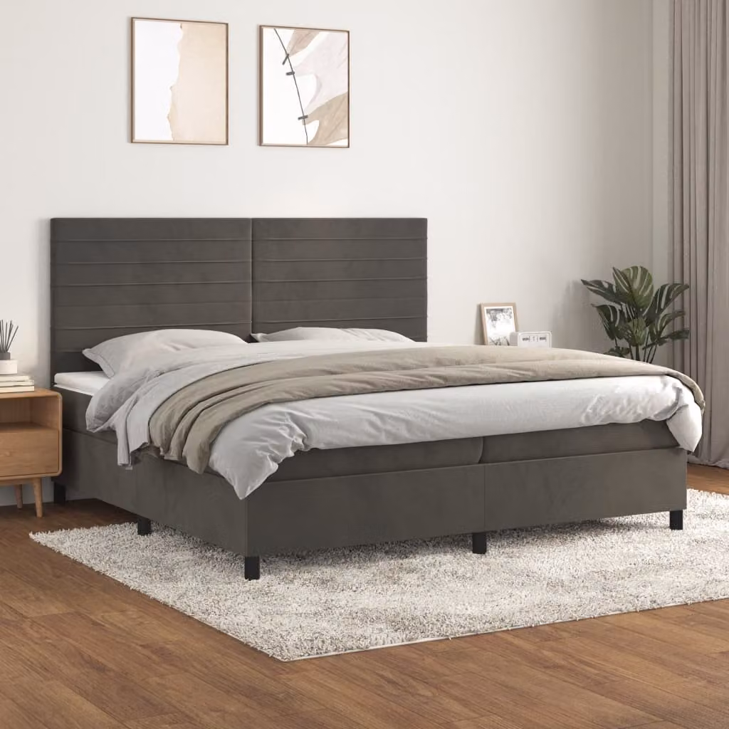Letto Ibrido vidaXL con Giroletto a Molle e Materasso in Velluto Grigio e Bianco L/P/H: 200 x 200 x 203 cm