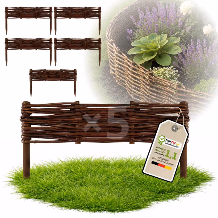 Floranica 5 pezzi Recinzione in vimini 10 cm x 50 cm – Staccionata da giardino intrecciata Palizzata Recinzione naturale Bordo aiuola