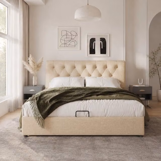 Letto Contenitore Idraulico REDOM con Testiera Regolabile in Tessuto Beige L/P/H: 160 x 200 x 112 cm