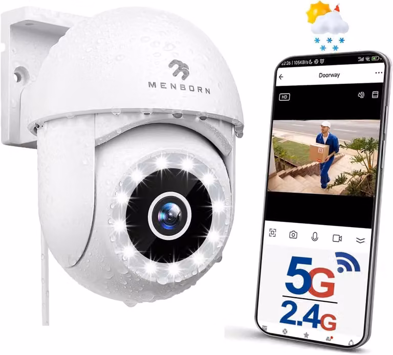 Telecamera di sicurezza esterna, fotocamera Wi-Fi 2.5K, rotazione a 360°, visione notturna a colori