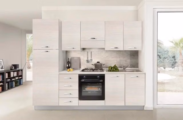 Cucina Completa 255 cm Rovere Bianco Elettrodomestici Frigo Sinistra