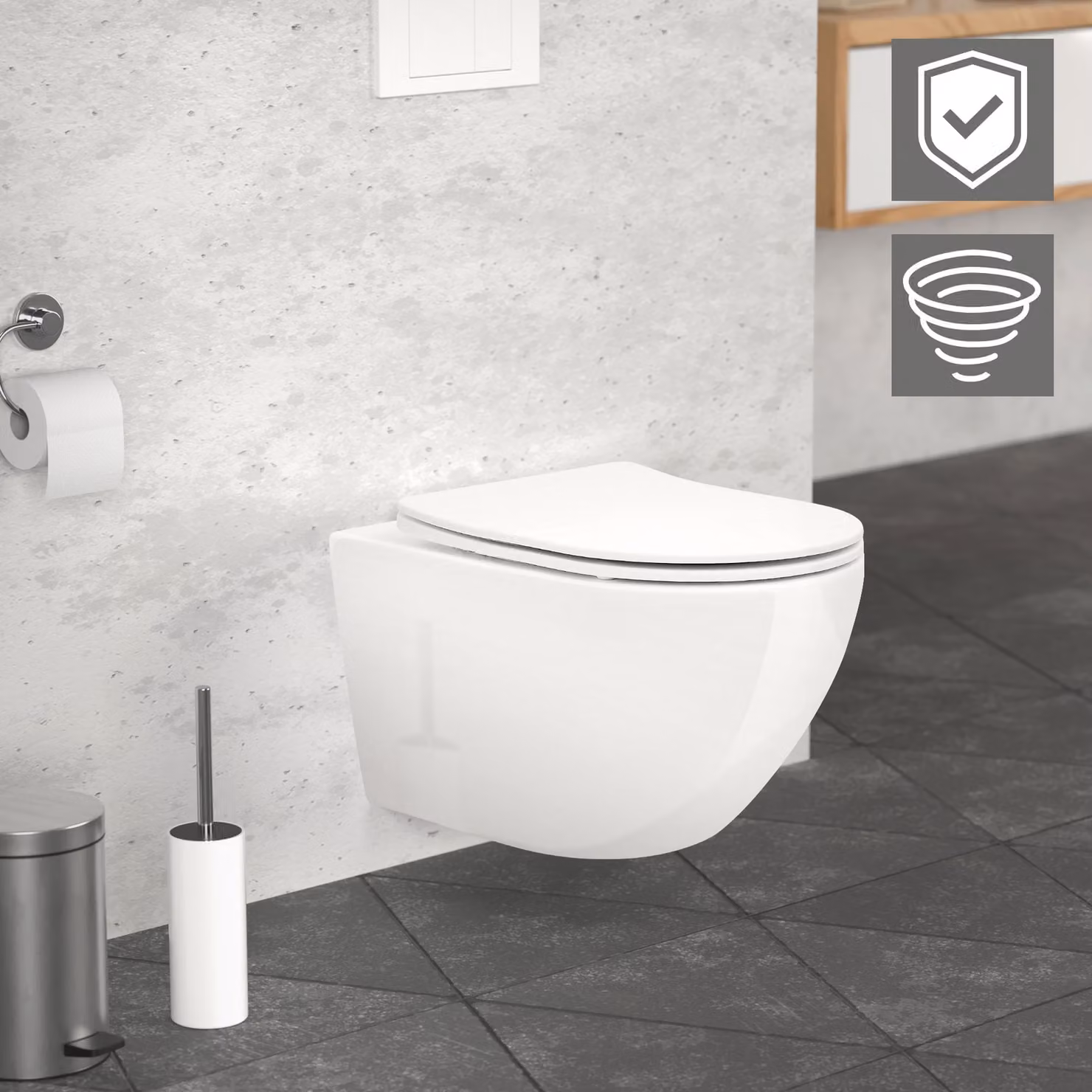 LuxeBath WC sospeso senza bordo, bianco, lungo, scarico Tornado, con nano rivestimento