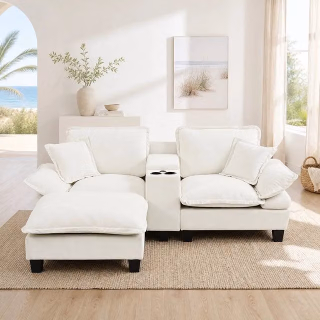Divano angolare modulare Mivray in ciniglia beige con ottomana, porta bicchieri, ricarica USB, vano contenitore e 2 cuscini