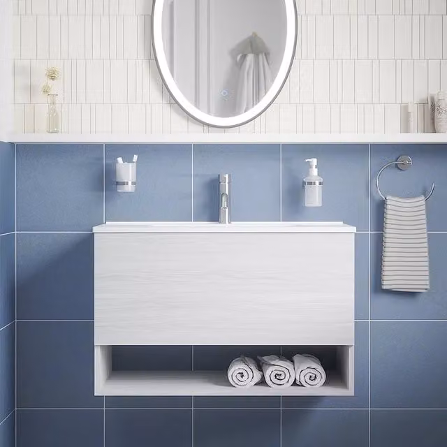 Mobile sospeso da bagno Sauris bianco effetto legno con cassetto, vano a giorno e lavabo, Larghezza: 80 cm