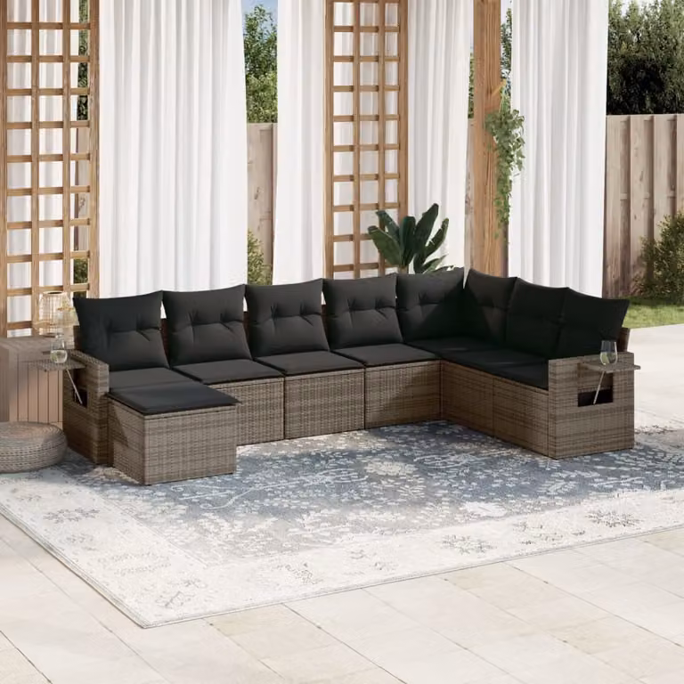 vidaXL Set Divano da Giardino a L in Polyrattan Grigio con 8 Pezzi e Cuscini