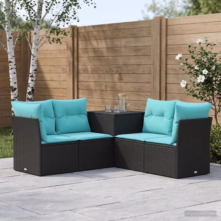 Set di divani da giardino vidaXL a forma di L con poltrona e cuscini, colore nero e blu turchese, in rattan sintetico e metallo