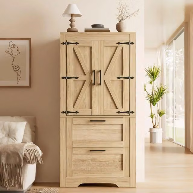 Credenza cucina stile country, 2 cassetti, ripiani regolabili, design porta a granaio, mobile contenitore per cucina/sala/pranzo, colore legno naturale