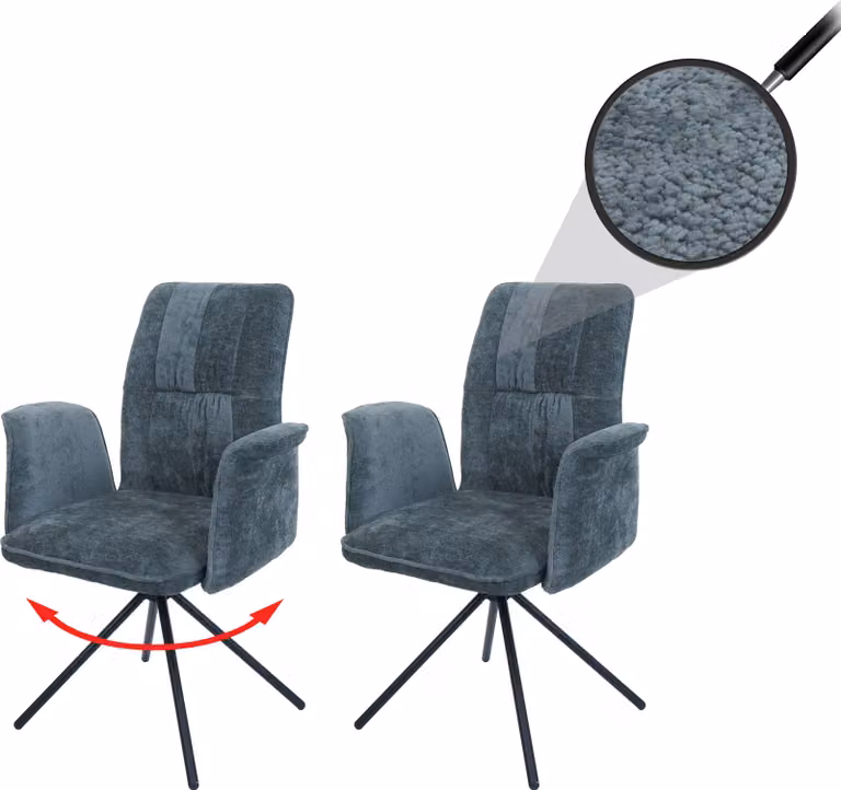 Set di 2 sedie da pranzo modello HWC-N99, girevoli, con braccioli e meccanismo di ritorno automatico, rivestite in tessuto chenille (340g/m²), colore blu-verde