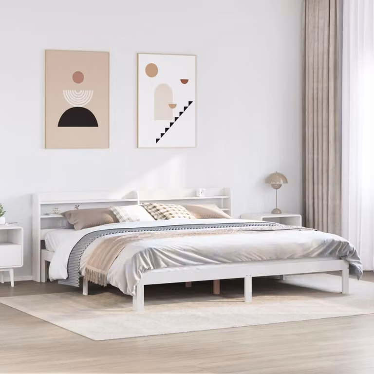 vidaXL Letto in legno di pino rustico bianco con ripiani laterali L/P/H: 180 x 200 x 216 cm