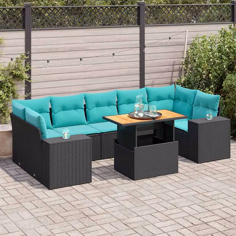Set Divano da Giardino a L con Polyrattan e Cuscini vidaXL, Colore Nero e Blu