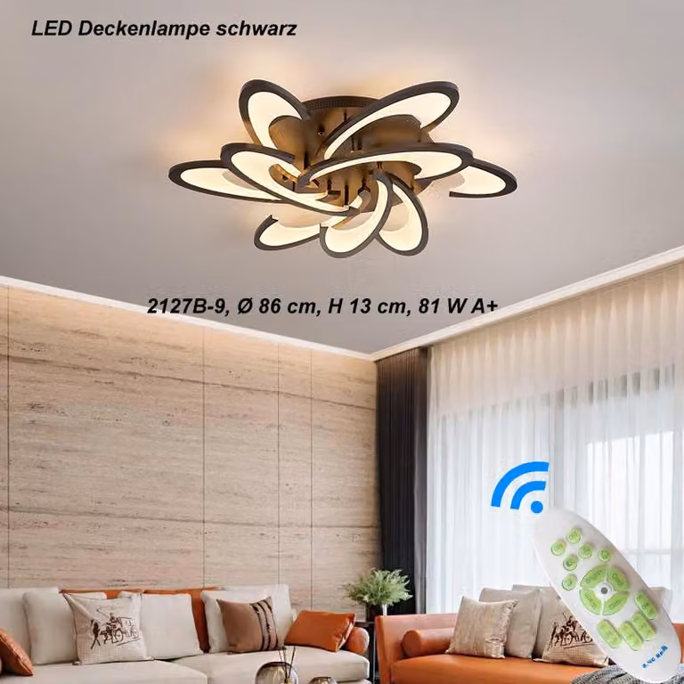 Lampada da soffitto LED Eurotondisplay, modello 2127Black-9, diametro 86 cm, 81 W, con telecomando. Colore e intensità della luce regolabili. Schermo in acrilico, struttura in metallo verniciata di nero