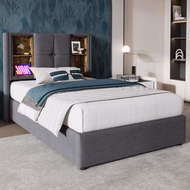 Letto imbottito 90 x 200 cm con spazio contenitore, ricarica wireless, 2 porte USB e 1 porta di tipo C, 4 vani portaoggetti, sistema di sollevamento a gas e rete a listelli in legno, colore grigio