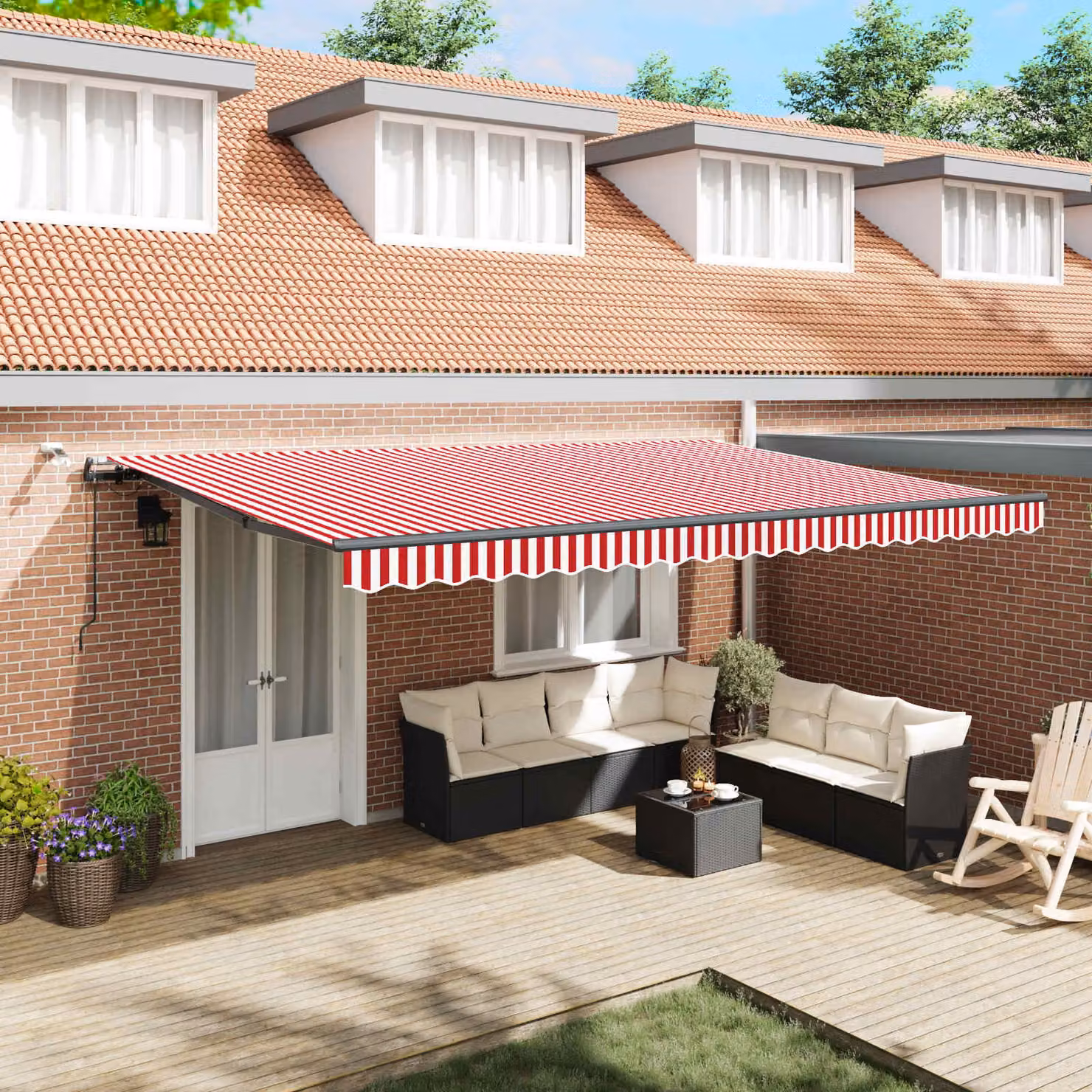 Tenda retrattile vidaXL in poliestere con bracci pieghevoli e telecomando, Rosso e Bianco, L: 500 cm x P: 350 cm