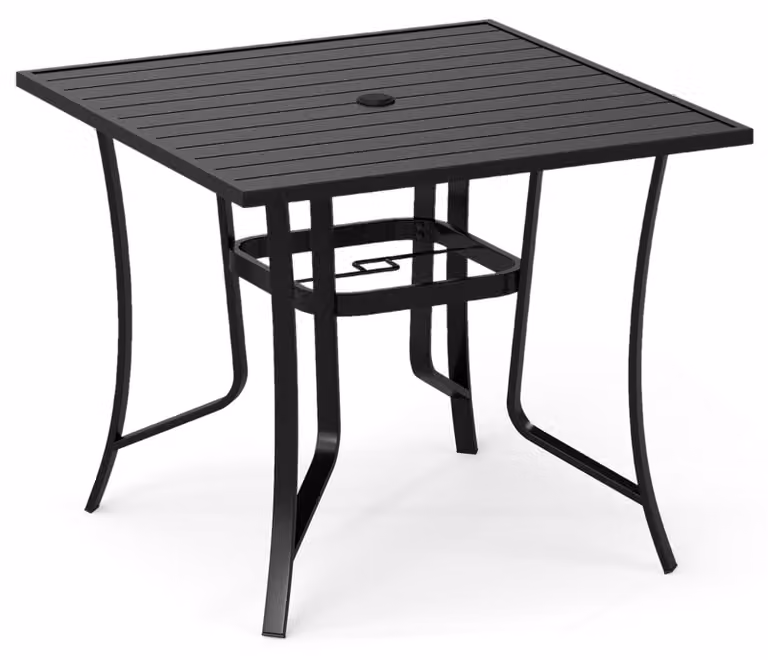 Tavolo da giardino quadrato in metallo con foro per ombrellone, nero, 91 cm