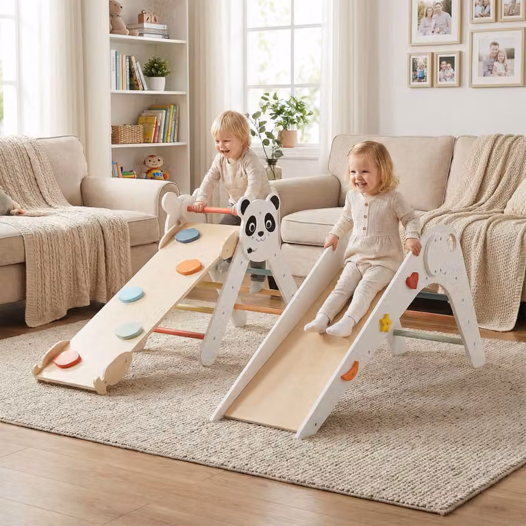 Set Montessori a tema panda Costway con scivolo e rampe pieghevole in legno, Bianco