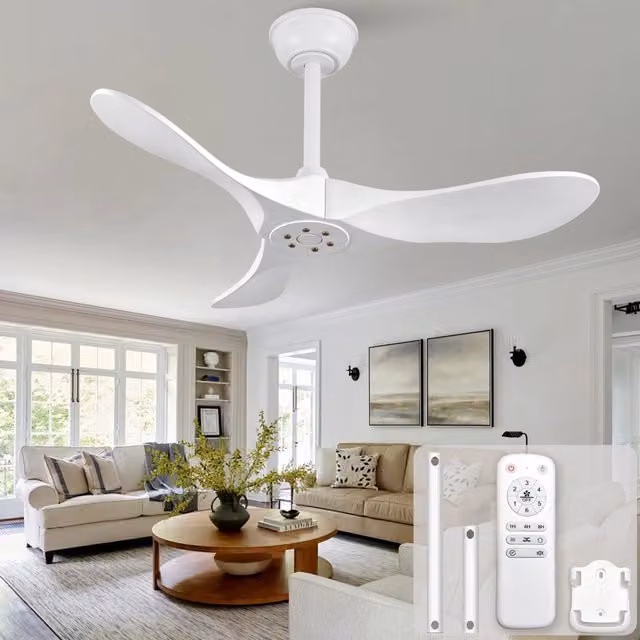 Ventilatore a soffitto Outsunny bianco con 3 pale in legno di paulownia e telecomando, diametro 91,44 cm