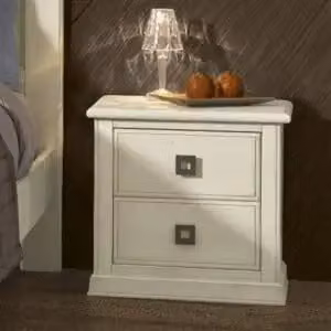 Comodino Shabby Chic KIVIO con 2 cassetti in legno bianco anticato e maniglie quadrate