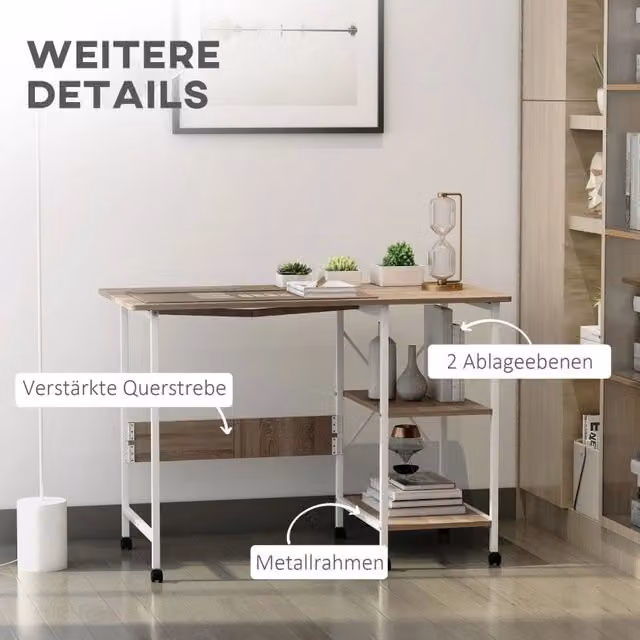 Scrivania pieghevole REDOM bianca con ruote in MDF e acciaio L: 107 cm, P: 55 cm, H: 76 cm – 1