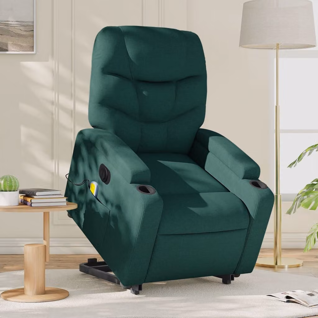 Poltrona Alzapersona Massaggiante Elettrica vidaXL Verde Scuro in Tessuto con Braccioli – 1