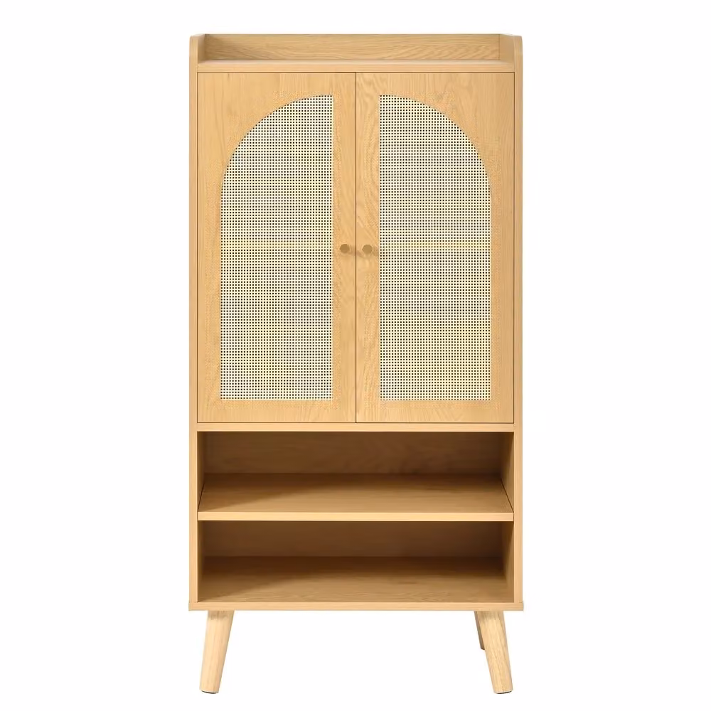 Consolle salvaspazio Minimal in legno e rattan beige con ante e ripiani L/P/H: 60 x 40 x 121 cm – 2