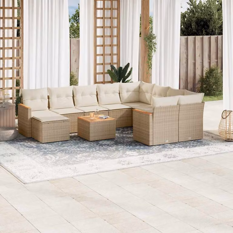 Set di divani da giardino vidaXL 11 pz con cuscini beige in polyrattan e struttura in acciaio e legno di acacia