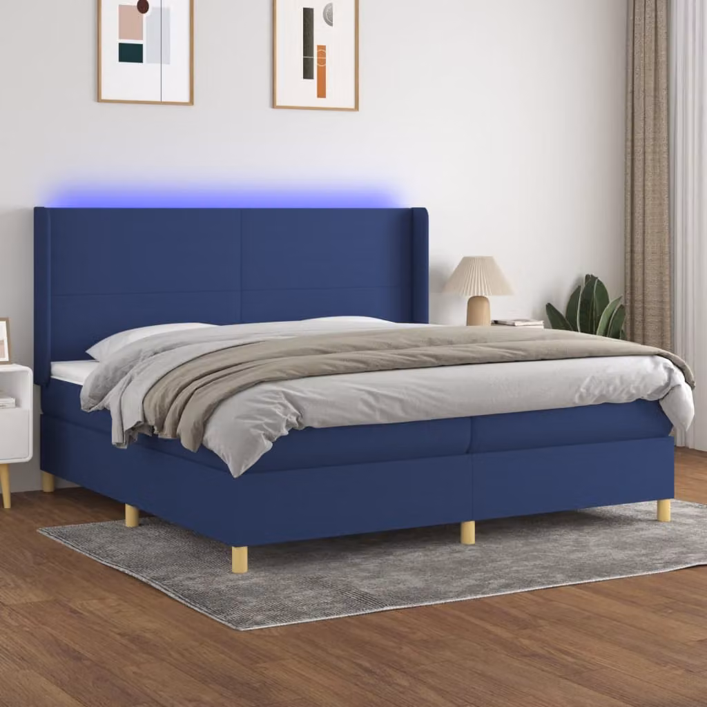 Letto a molle con materasso vidaXL in tessuto bianco e blu con illuminazione LED e porta USB L/P/H: 200 x 200 x 203 cm – 1