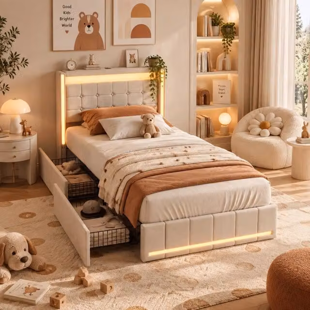 Letto Imbottito 90x200 cm con 2 Cassetti;Letto singolo con LED e USB Letto Baule con Contenitore; Sommier a Doghe;Letto per Adolescenti lino Beige