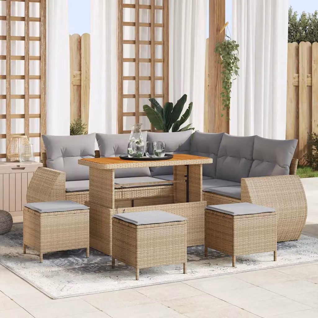 Set Divano da Giardino Moderno vidaXL 9 Pezzi Beige con Cuscini e Tavolino in Polyrattan e Acciaio – 1