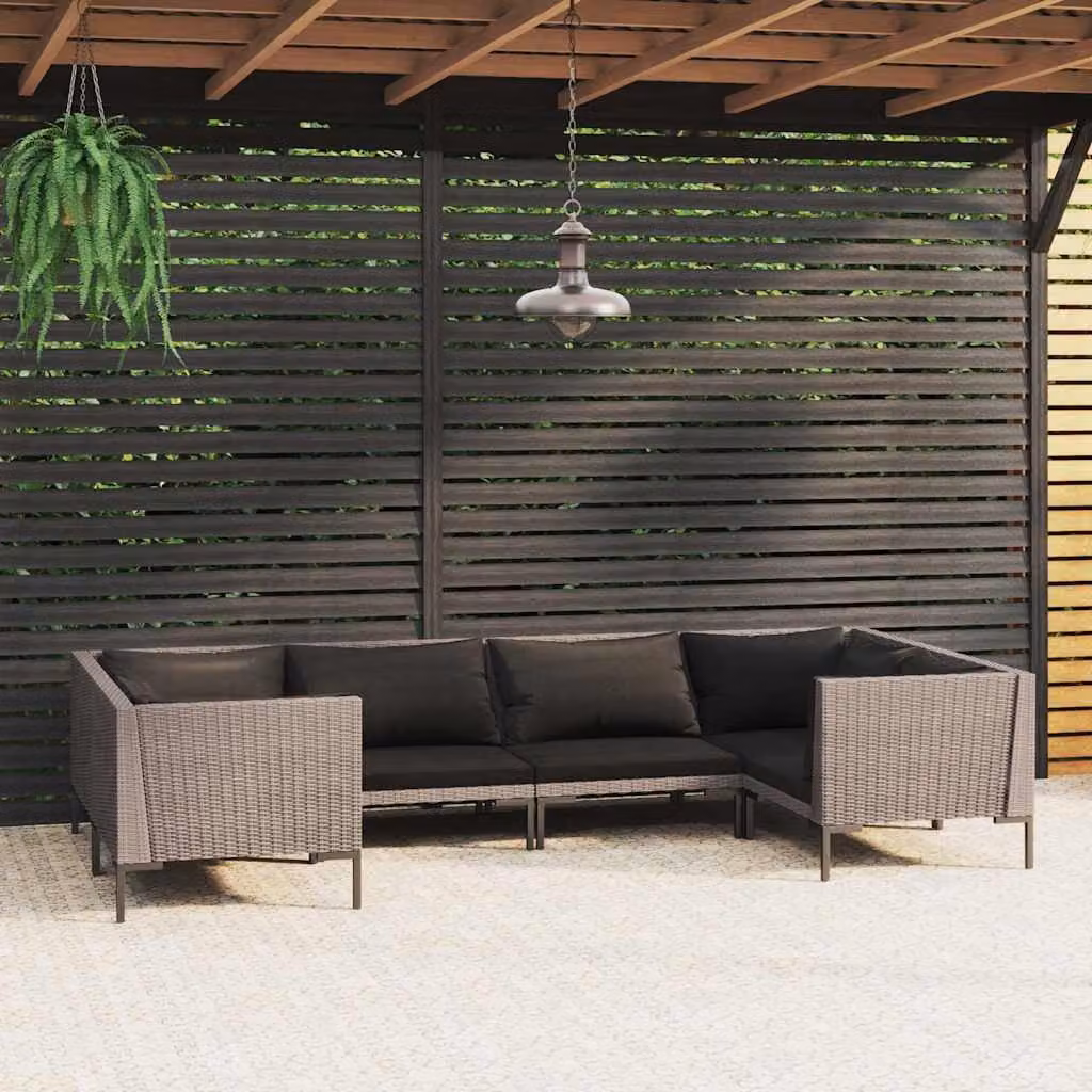 Set da giardino vidaXL composto da 6 pezzi con divani a L e cuscini imbottiti in polyrattan grigio scuro e struttura in acciaio verniciato a polvere