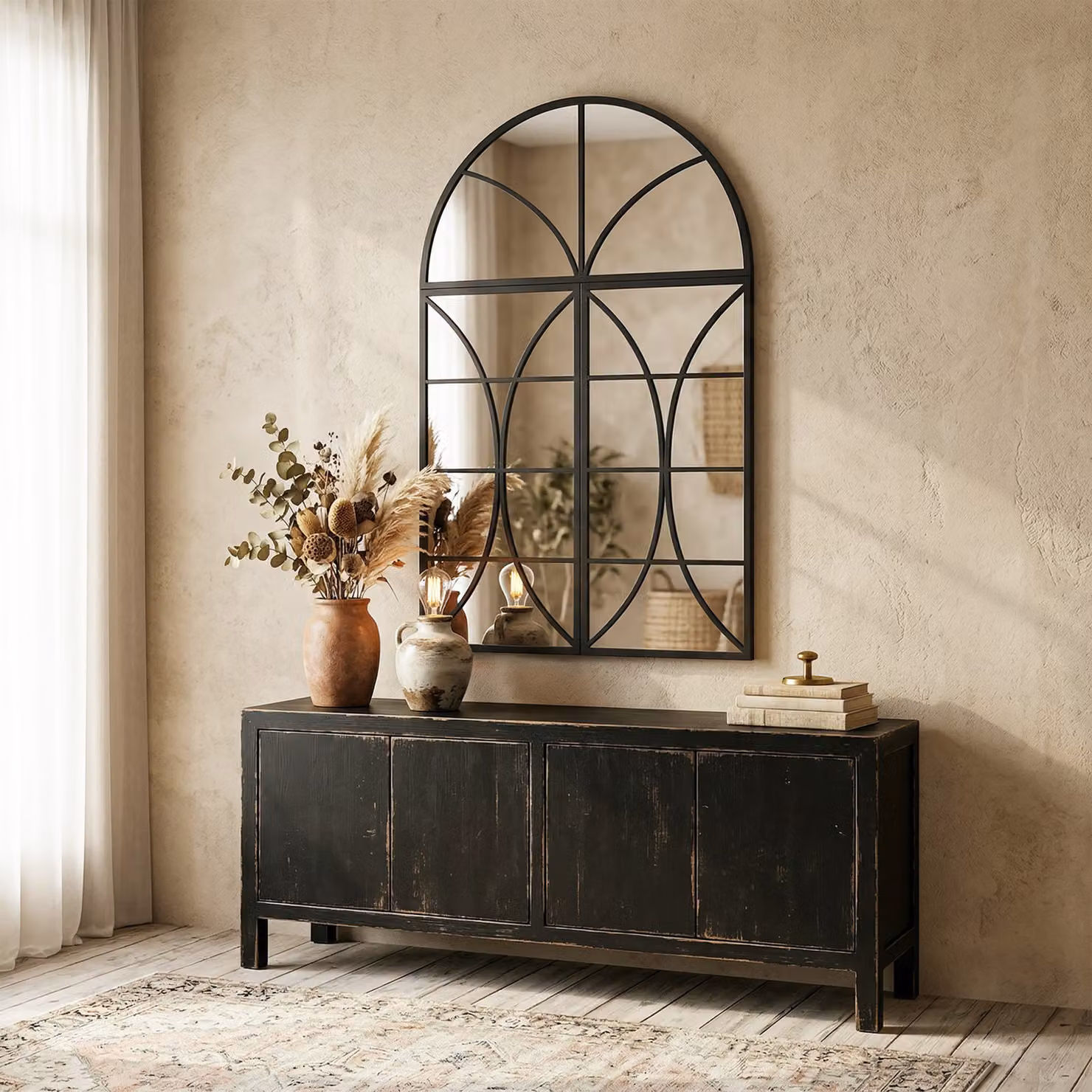 Specchio da parete ad arco HOMCOM in vetro temperato e metallo, design moderno a forma di finestra, Nero, L: 80 cm, H: 120 cm – 2