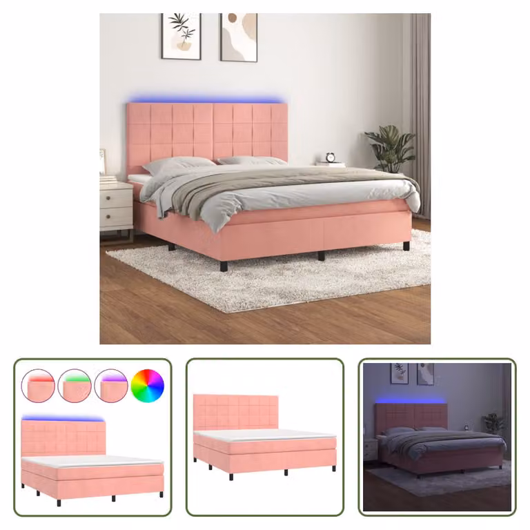 The Living Store Letto a molle con materasso e LED Rosa 160x200 cm Velluto